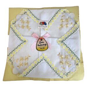 NOS Pair of 1960s Ladies Handkerchief Lace Embroidered Flower Fruit of the Loom